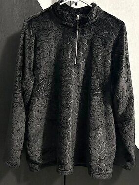 Weekends by Chico's Black Plush Embossed Floral 1/4-Zip Pullover Women's 3/XL